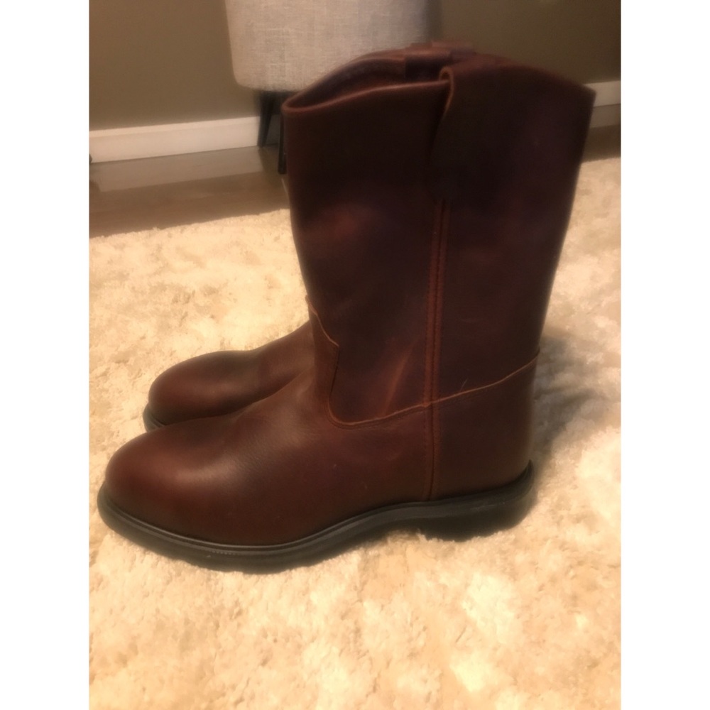 Red Wing steel toe work boots.
